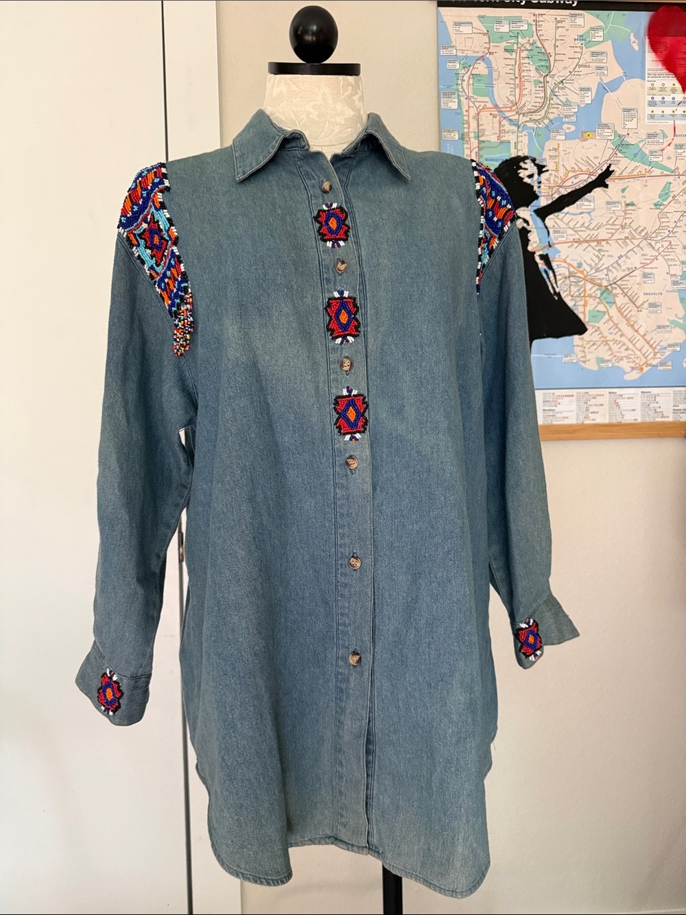 Vintage beaded THE SHIRT women's shirt in blue denim